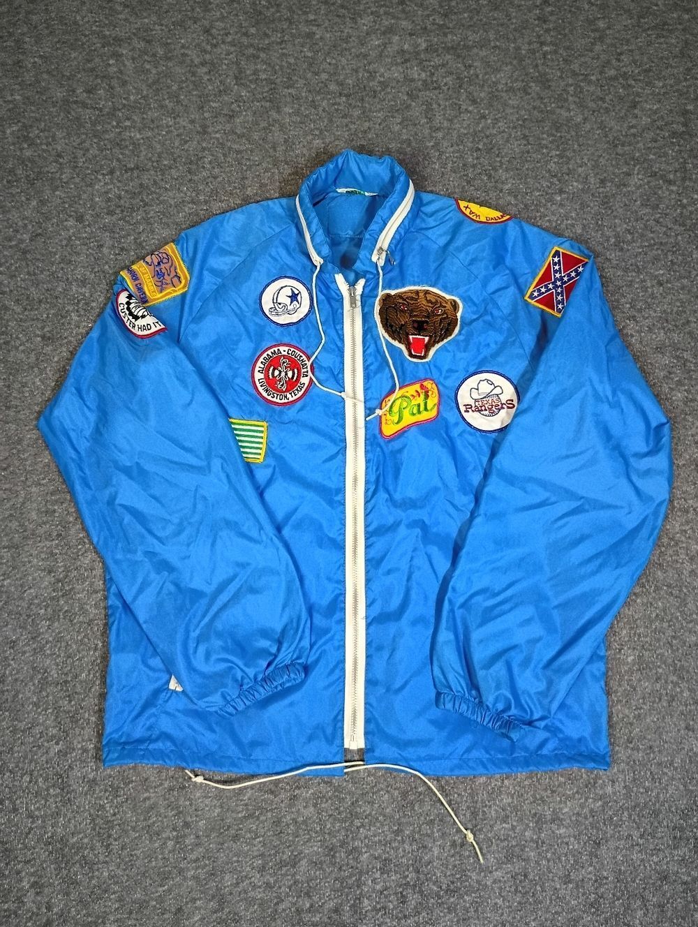 Vintage 80's Aqua Sheen Patch Windbreaker Hidden Hood USA Texas Blue Rare